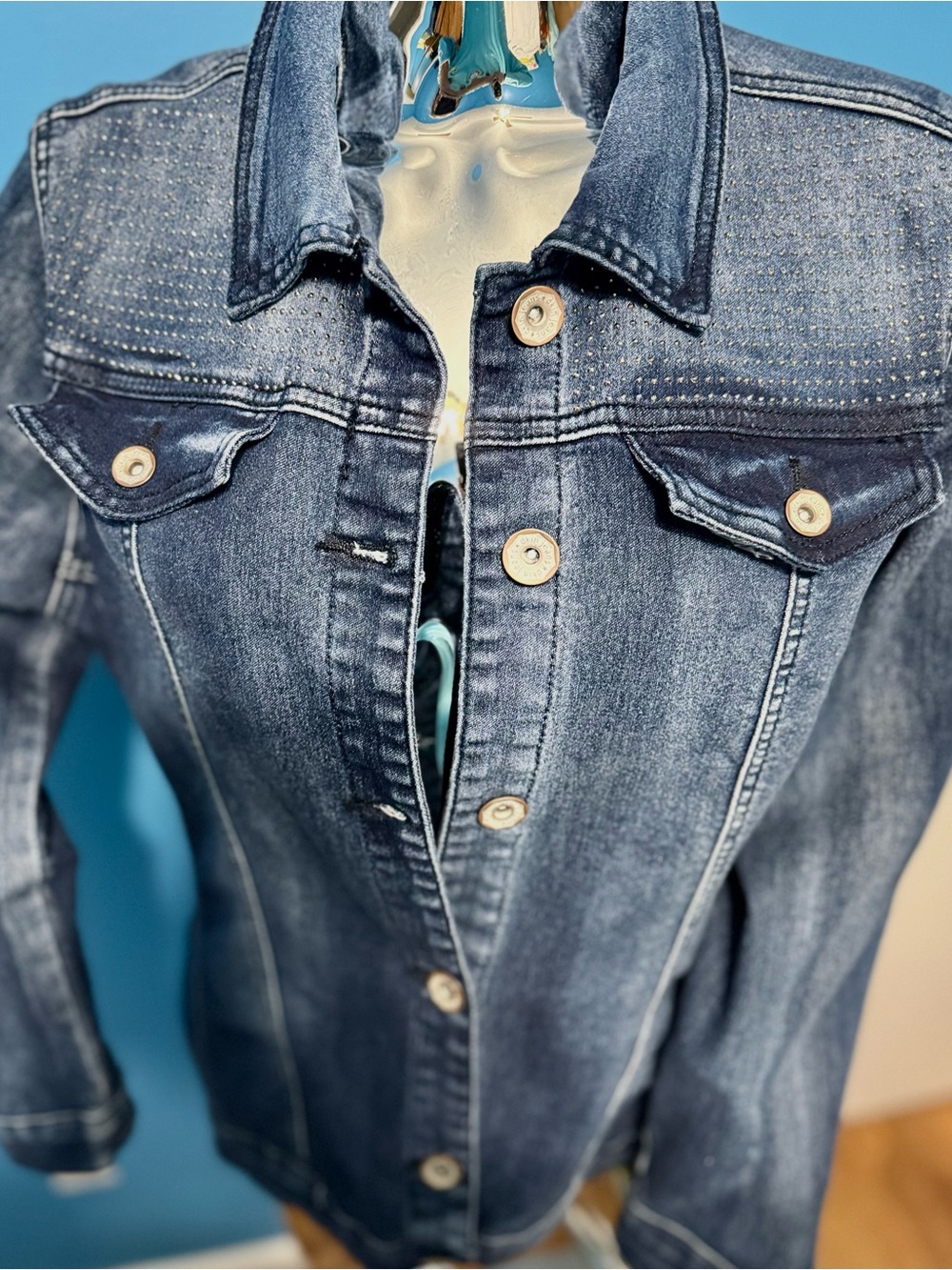 dkin Women's Dark Blue Distressed Denim Jacket with Button Front Studs XL